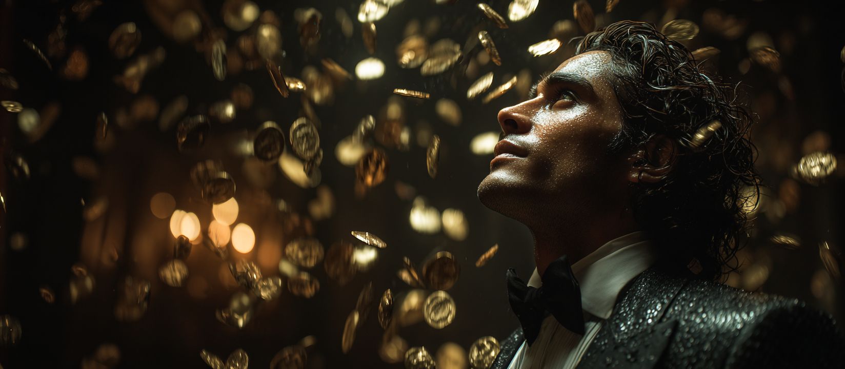 A player at KU999 Casino amidst a rain of gold coins
