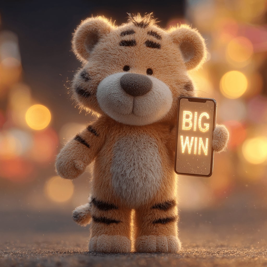 Play KU999 casino on mobile and win big prizes Tiger mascot of KU999 casino holding smartphone with Big Win sign