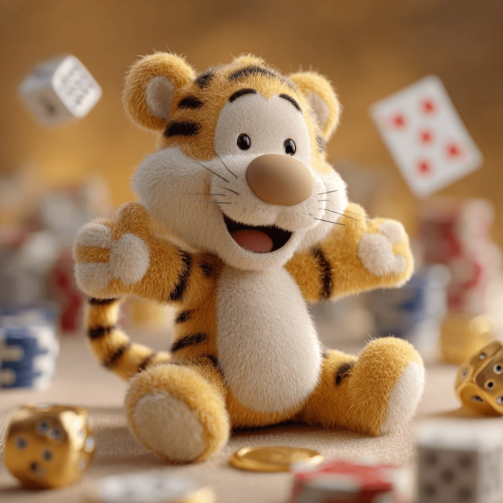 Enjoy exciting casino games with KU999 Tiger mascot of KU999 casino surrounded by dice, cards, and chips