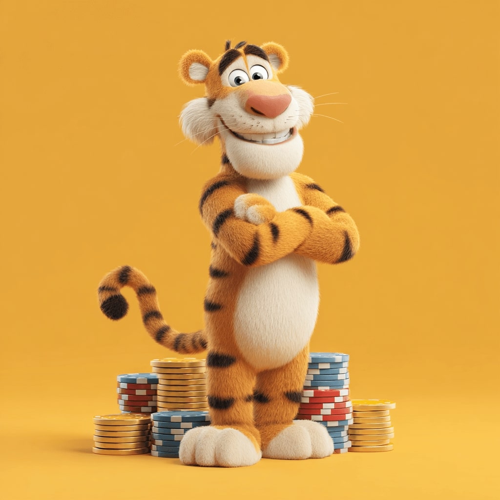 Tiger mascot of KU999 casino standing confidently among poker chips