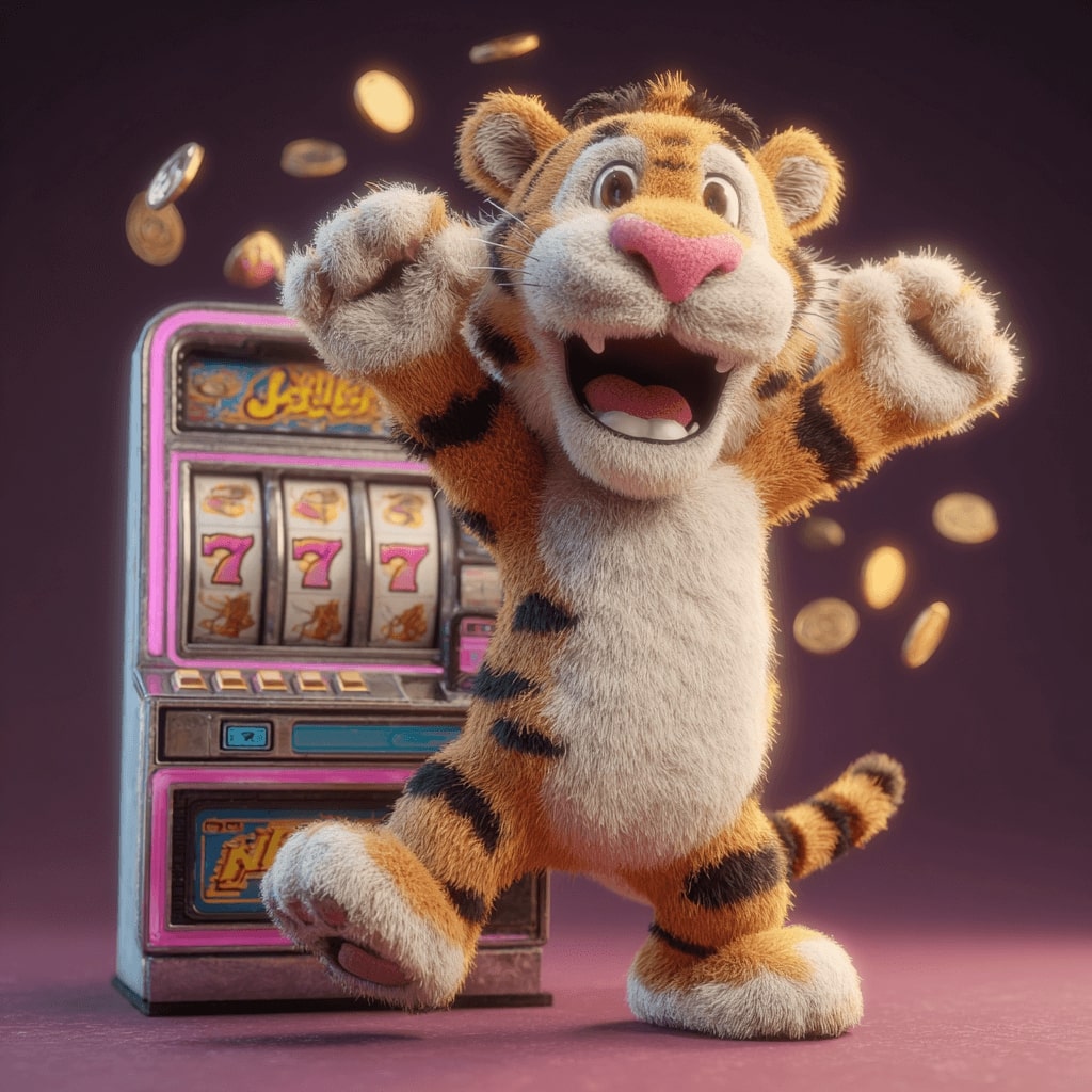 Spin the reels and hit the jackpot at KU999 slots Tiger mascot of KU999 casino celebrating in front of slot machine with coins