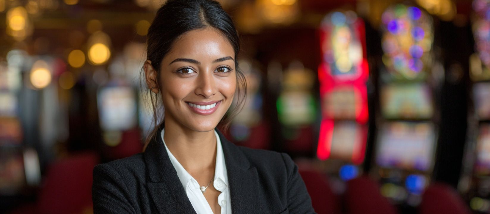 Smiling woman in KU999 casino with slot machines in the background